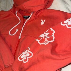 Playboy Coral Hoodie with White Floral Patterns